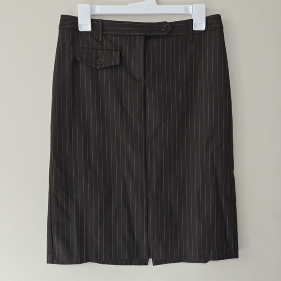 United Colors Of‎ Benneton Medium Pinstripe Brown Midi Skirt Pocket Back Slit - Picture 4 of 9